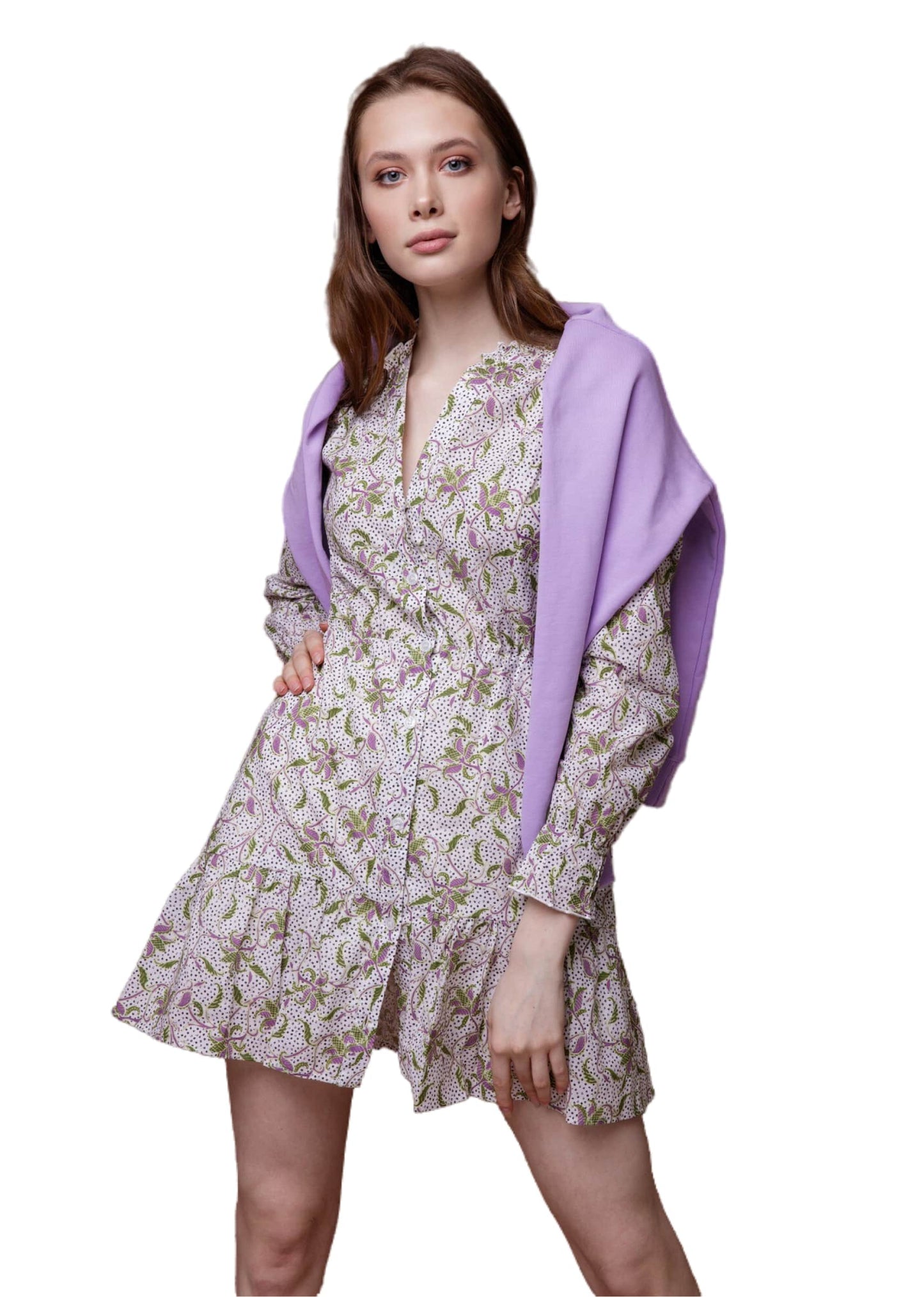 Floral Printed High Neck Shirt-Dress